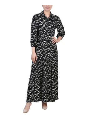 NY Collection Women's Medium Petite Black Floral Tiered Maxi Shirt Dress NWT